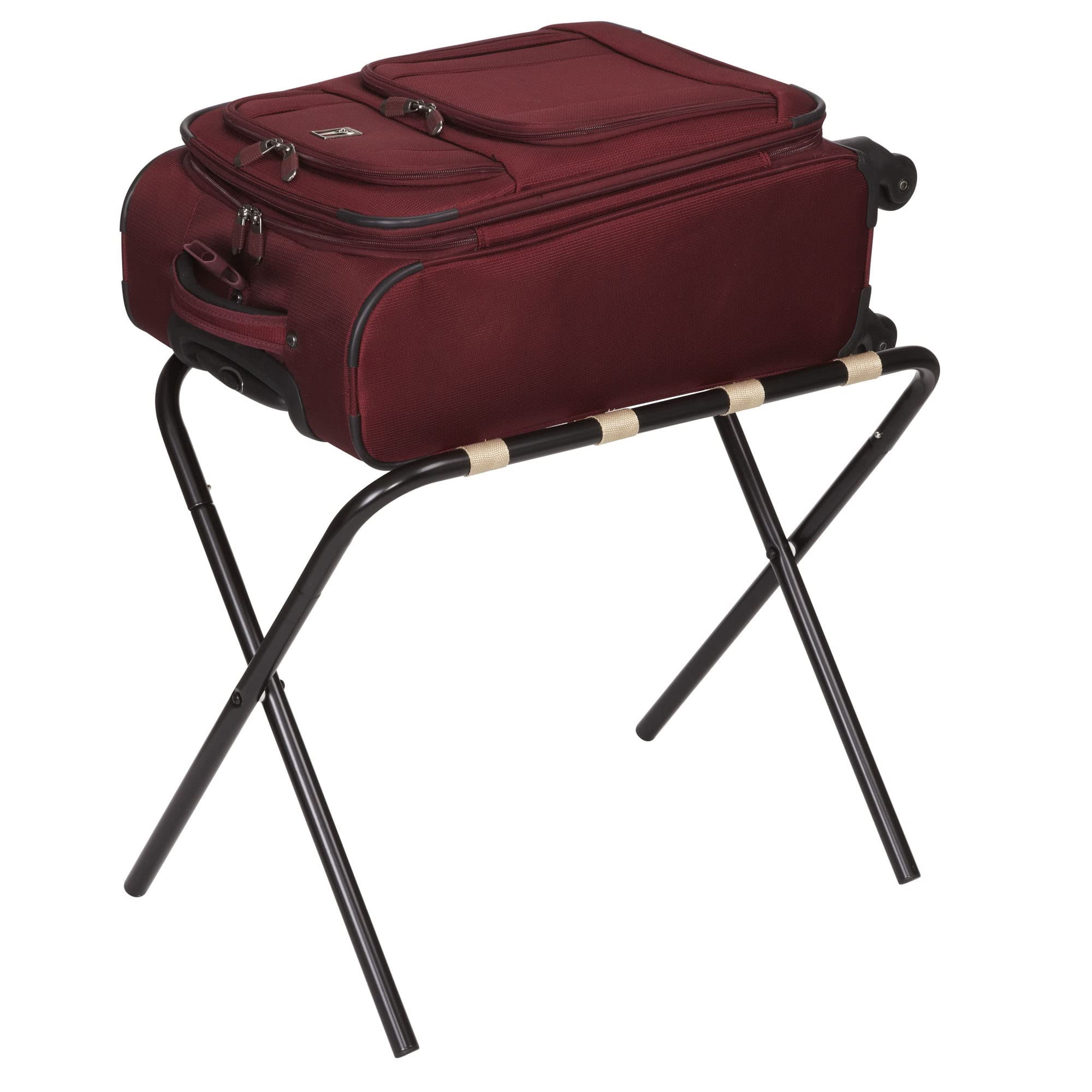 Household Essentials Luggage Rack, Black Frame with Khaki Straps