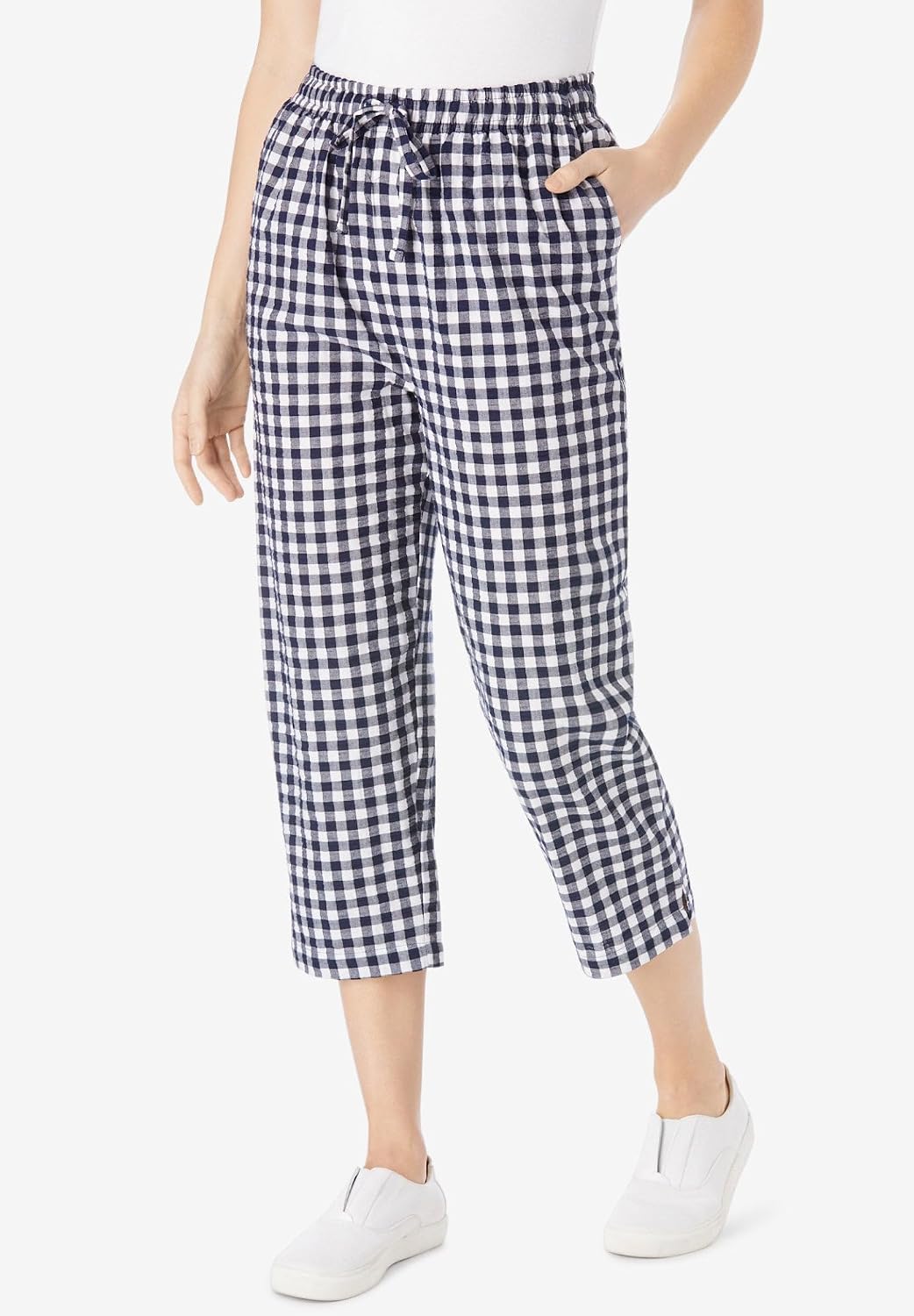 Woman Within Plus Size Seersucker Pull-On Elastic-Waist Capri Pants