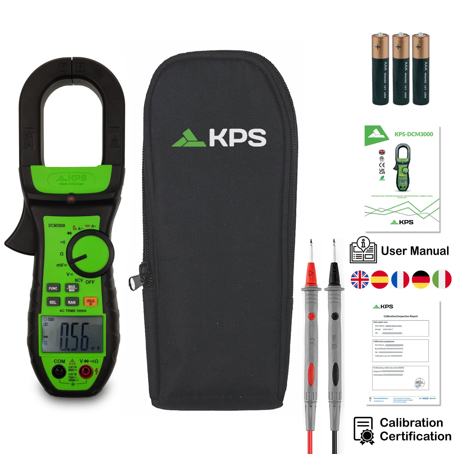 KPS-DCM3000 Pinza Amperimétrica Profesional Corriente AC TRMS 1000A Tension DC:1000V AC:750V Resistencia 20MΩ 6000 Cuentas NCV Apertura Mordaza 40 mm. CAT.IV