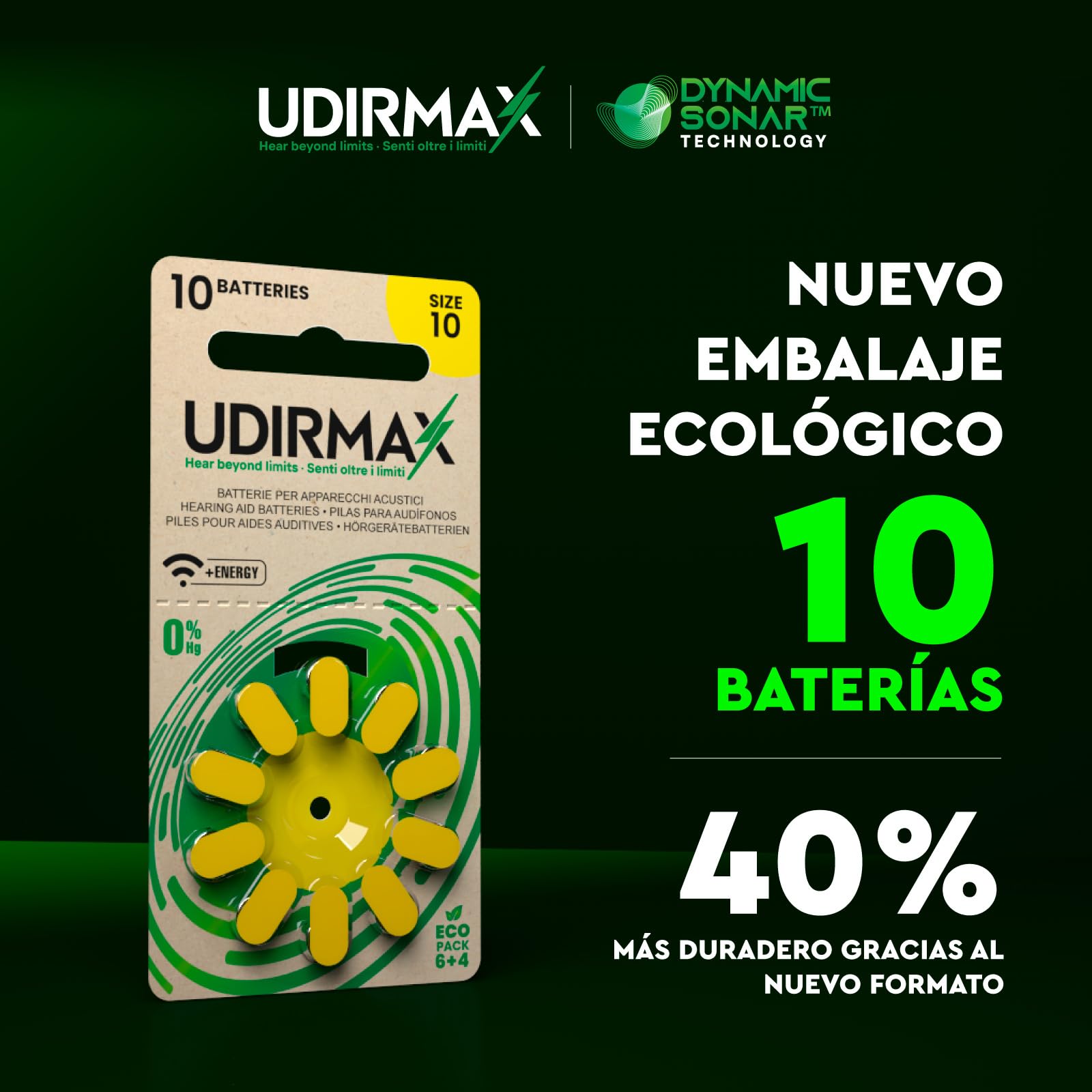 60 Baterías para Audífonos Tamaño 10 Udirmax Pilas PR70 Amarillas Zinc-Aire 1,45V Eco Pack - 6 Blísteres Ecológicos de 10 Pilas