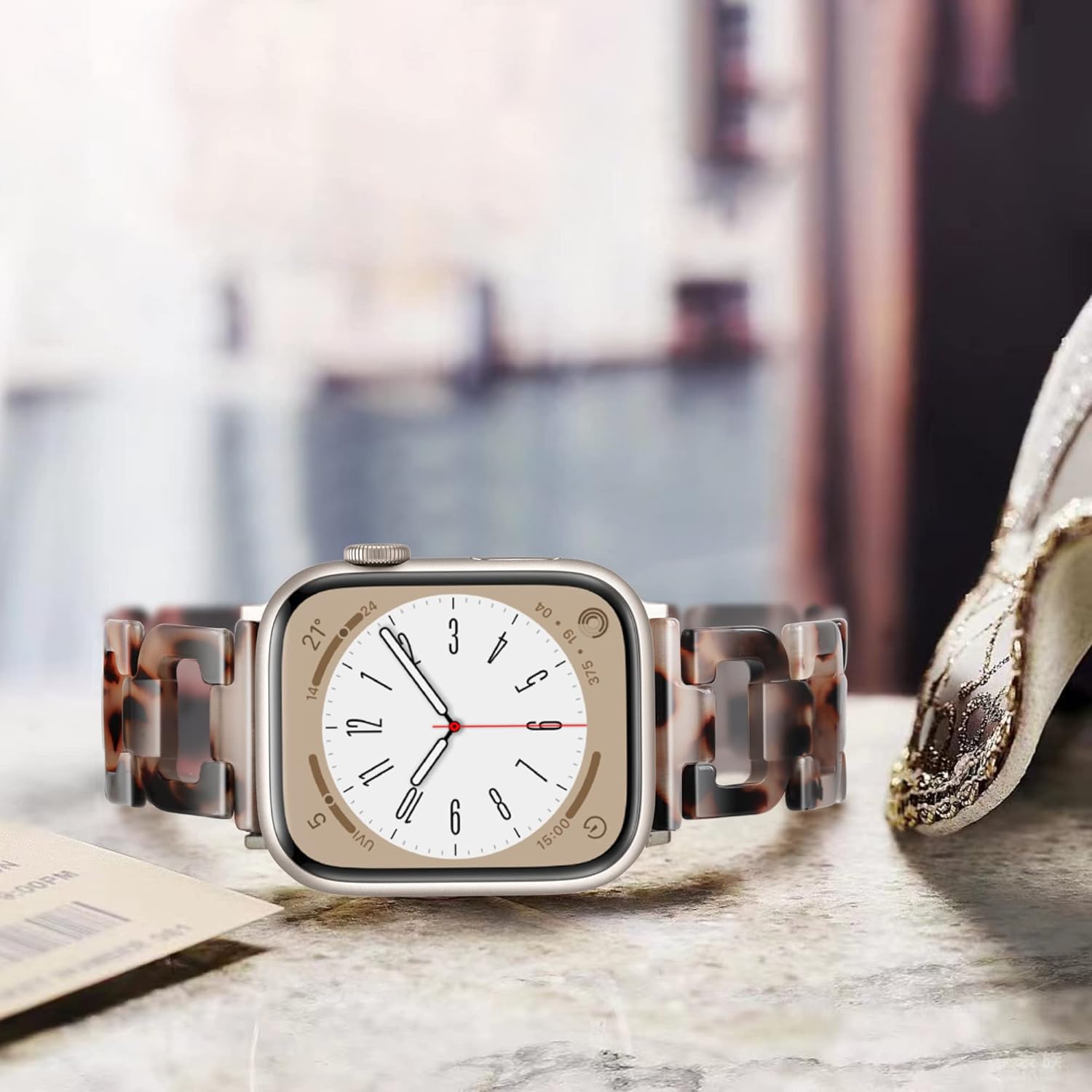 Light Apple Watch Band -D-shaped Resin iWatch Band Starlight Compatible with Stainless Steel Buckle for Apple Watch Ultra 2 1 Series 11 SE 10 9 8 7 SE 6 5 4( Tortoise Stone Flower, 49mm/45mm/44mm/42mm) - Image 4