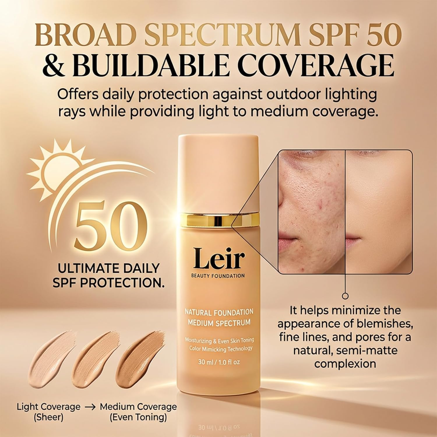 Leir Beauty Foundation 4 in 1, Original Changing Foundation, SPF 50+ Hydrating Full Coverage Concealer, Long Wearing & Waterproof for All Skin Types, 2 Pcs