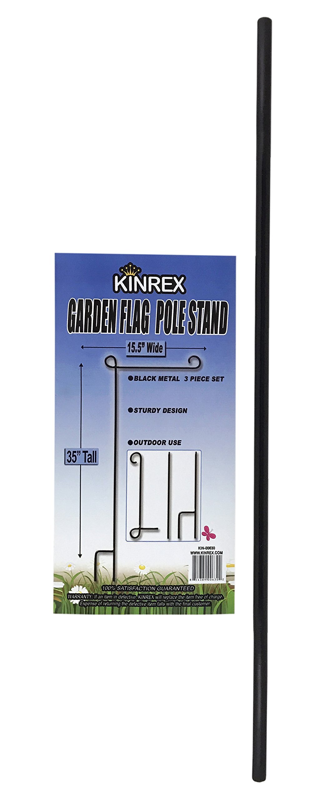KINREX Stojak na maszt z flagą ogrodową, czarny, metalowy, żelazny, kute słupki, do ogrodu, trawnika, podwórka, 3-częściowy zestaw, 89 cm wysokości x 40 cm szerokości