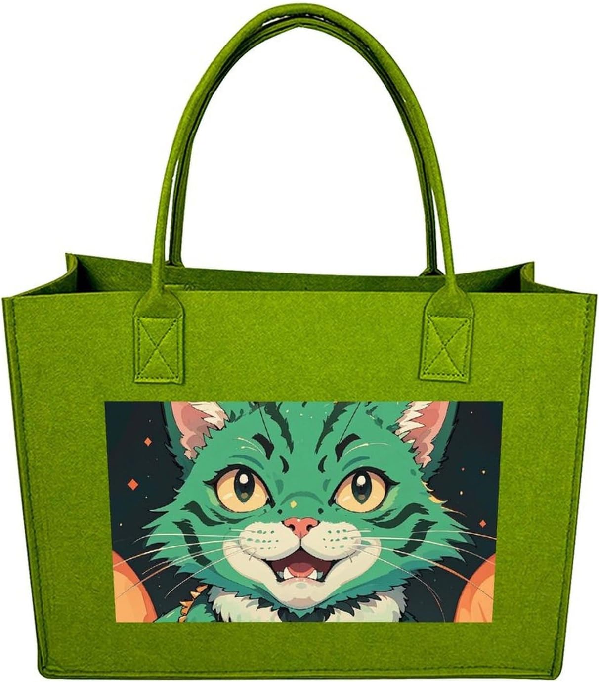 Anime Green Cat Tote Bag for Unisex, Large Felt Shopping Bag with Handles, Handbag, Reusable Gift Bag