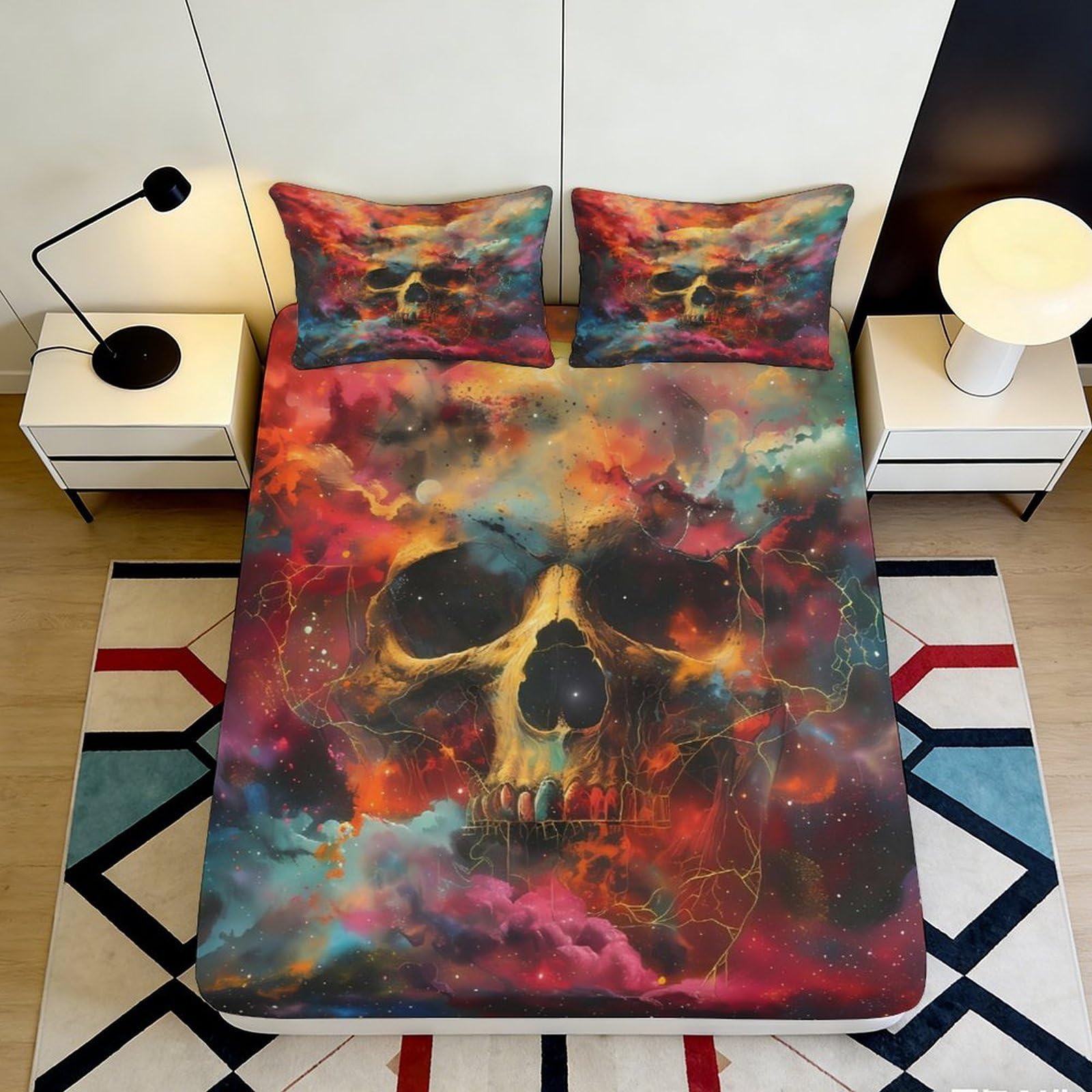 3D Printed Skull Galaxy Fitted Sheet Microfiber Colorful Nebula Mattress Cover for Bedroom Dorm Protection Decor 120x200x25cm