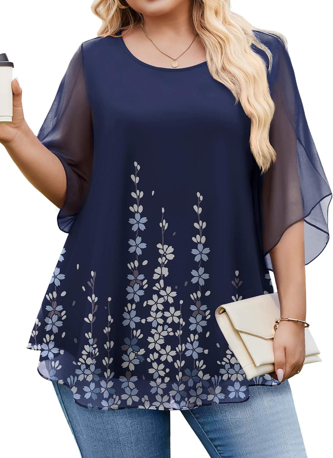 IN'VOLAND Plus Size 3/4 Sleeve Women Blouses Dressy Casual Double Layers Mesh Blouses Loose Fit Flowy Shirts