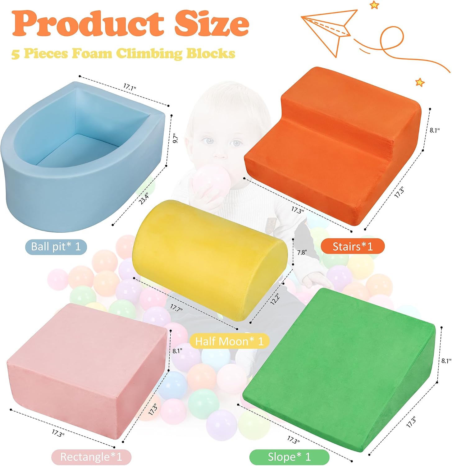 JY QAQA 5Pcs Soft Foam Toddler Climbing Toy Set, Foam Climbing Blocks with Ball Pit for Toddlers 1-3 Years Old,Indoor Play Set for Crawling and Scooting (Balls Not Included)