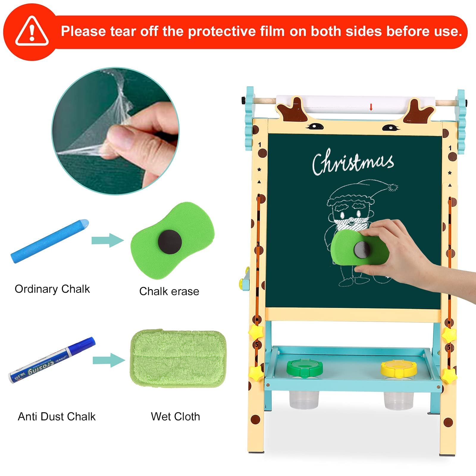 Kids Blackboard, 3-in-1 houten dubbelzijdig speelbord voor kinderen met magnetisch whiteboard, schoolbord, papierrol, opvouwbaar tekenbord met schilderaccessoires voor kinderen van 3-14 jaar | NL