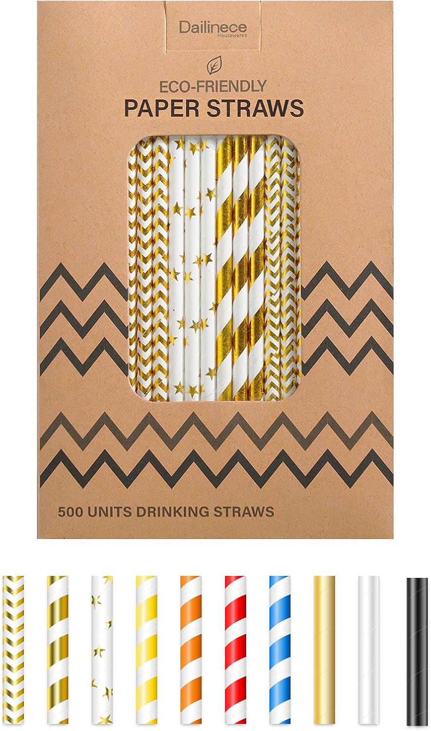 Dailinece Paper Straws Drinking & Party Supplies Eco-Friendly Biodegradable Dye-Free Assorted Multi Colors (500 Counts, Gold)