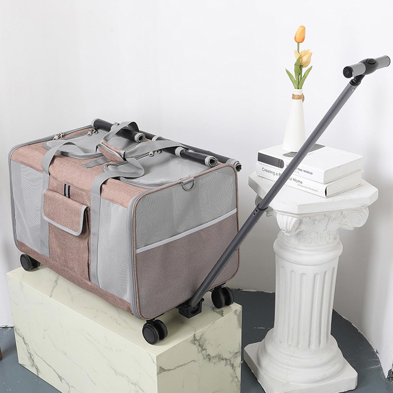Transportín De Mascotas De Doble Compartimento con Ruedas Desmontables para Gato/Perro, Transportador Rodante para 2 Gatos Pequeños,Perros, Diseño Súper Ventilado,Caqui