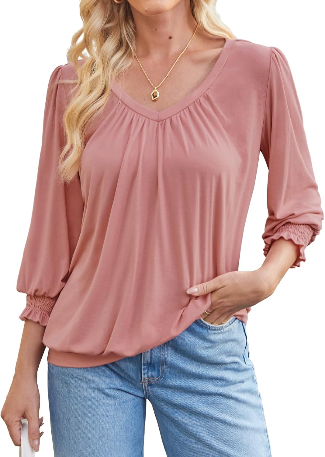 DJT Womens Fall Tops 3/4 Length Sleeve Dressy Casual V Neck T-Shirts Work Blouses Basic Tees
