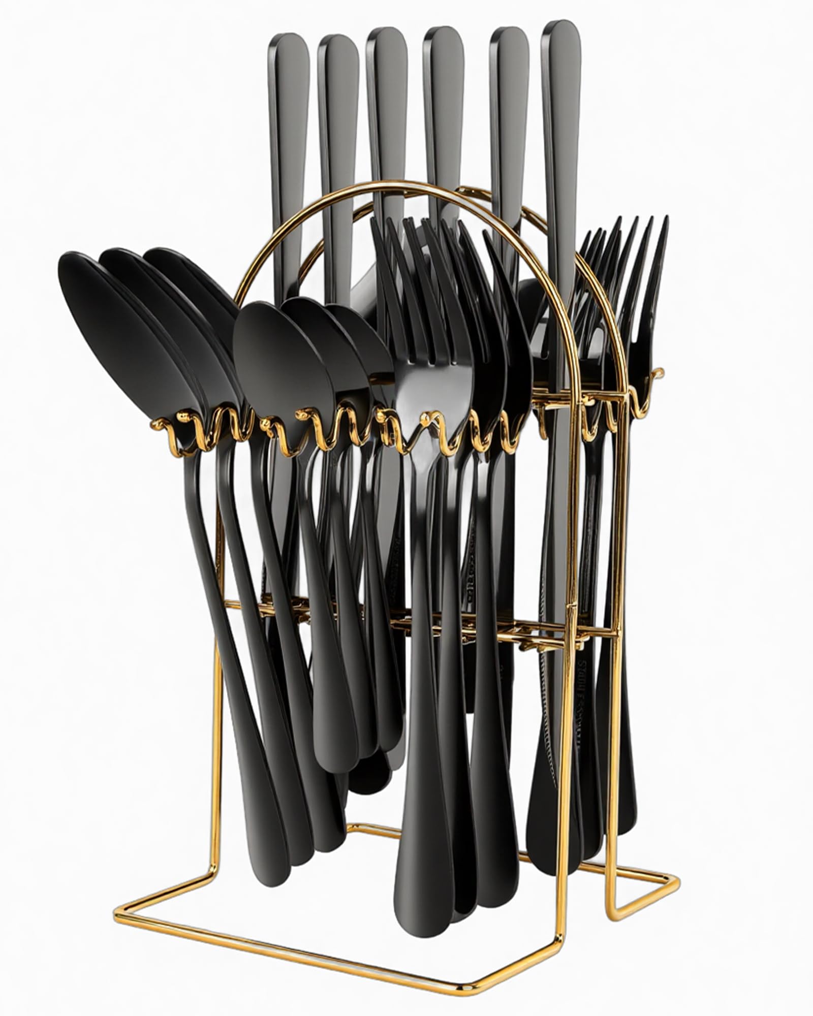 Knife and Fork Sets, 24 Pieces Cutlery Set with Holder, Gilded Silverware Set for 6 People– Dishwasher Safe, Easy to Clean (Black)