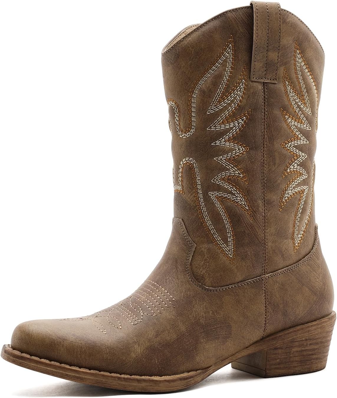 GLOBALWIN Black Cowboy Boots For Women Cowgirl Boots With Low Heel Comfortable Embroidered Western Boots Snip Toe Mid-Calf Boots