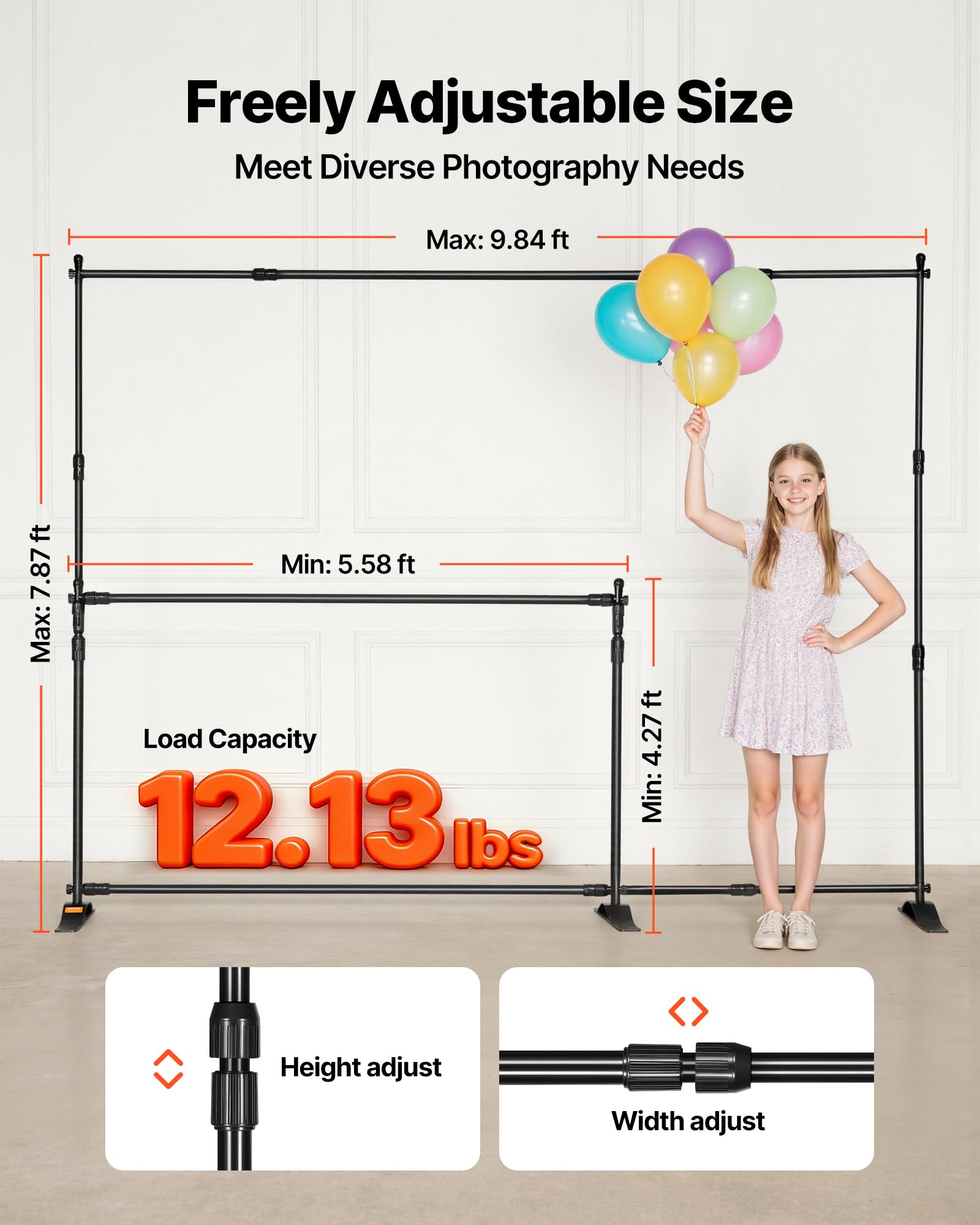 VEVOR Porte-Bannière 3 x 2,4 m Support Haute Qualité d'Affiche Panneau d'Affichage de Toile de Bannière Télescopique Réglable Portable pour Afficher Arrière Plan de Salon Foire d'Exposition Pubilicité