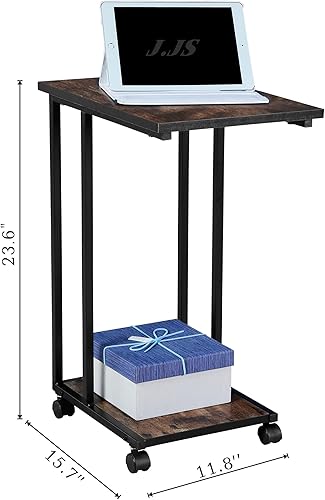 Miniatura 12 de JJS Mesa lateral C para sofá, sala de estar, mesa de aperitivos que se desliza debajo para espacios pequeños, roble/blanco blanco (Oak/White),Marrón