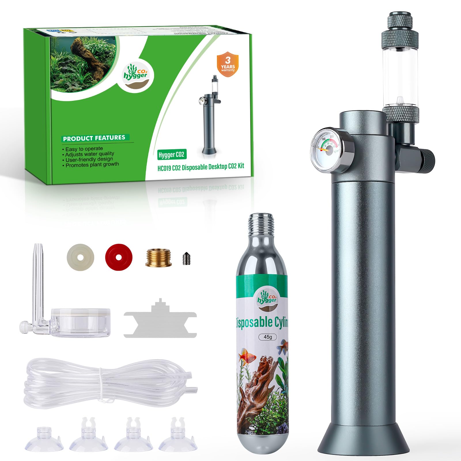 Sistema completo de CO2 para acuarios, regulador de CO2 de escritorio con cartucho de CO2 desechable de 45 g, compatible con rosca de 5/8 pulgadas y 3/8 pulgadas para nano acuarios