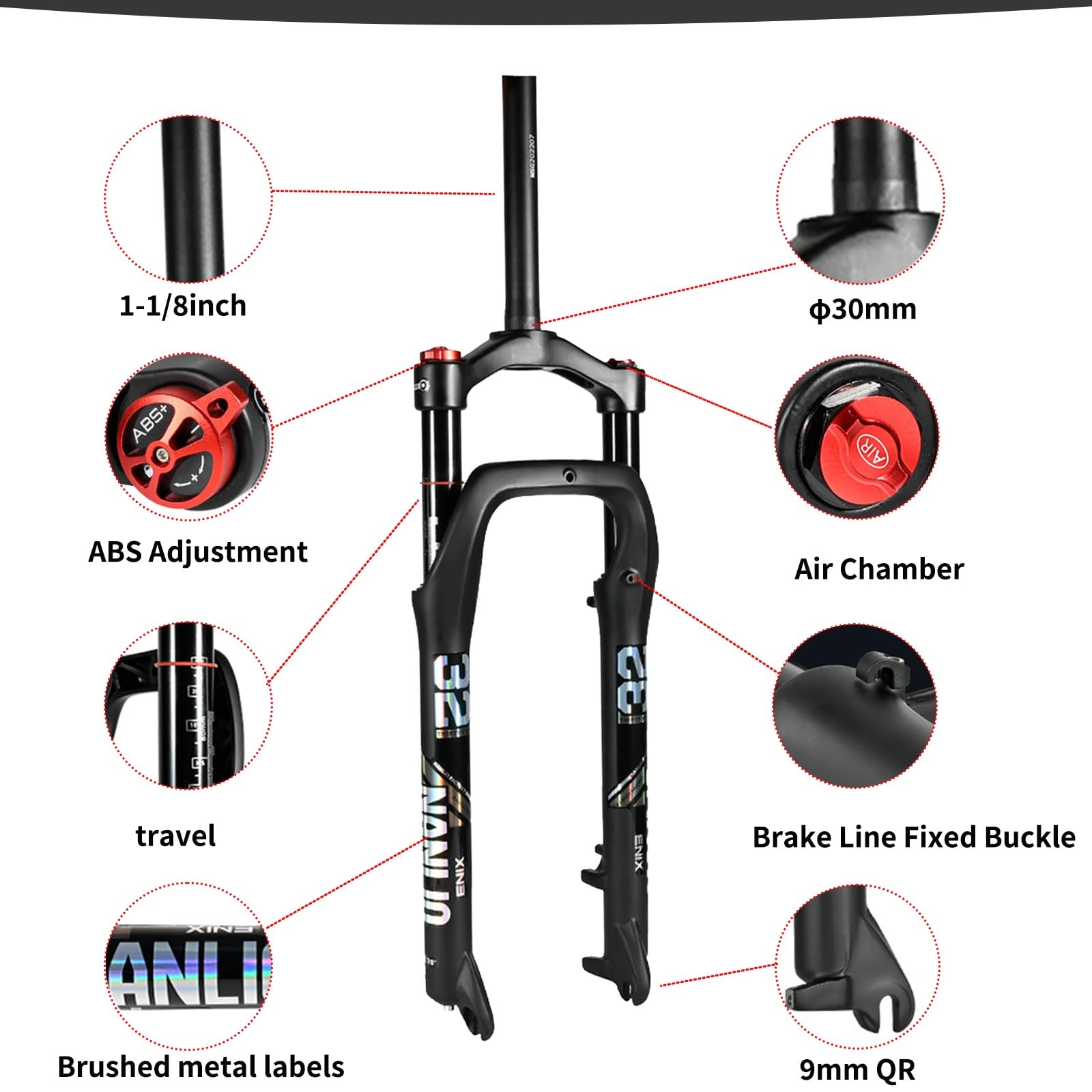 Fourche à air pour VTT Snow Bike 20/26 Pouces, Suspension VTT 4.0, pneus Larges, Plage, Crossover, vélos électriques, Frein à Disque Avant 1 1/8" Droit, axe QR 9 mm