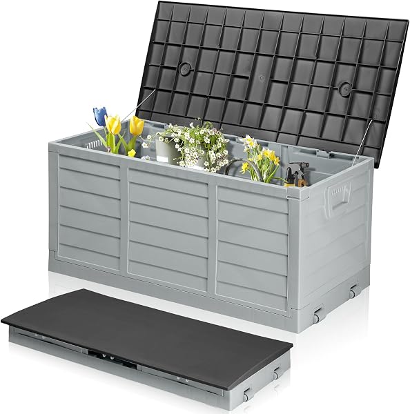 Foldable Garden Storage Box, 280L Outdoor Plastic Utility Chest Organiser with Strapped Lid, Weather Resistant, Portable, Ideal for Garden, Patio, Balcony, Decking, Grey&Black - 1