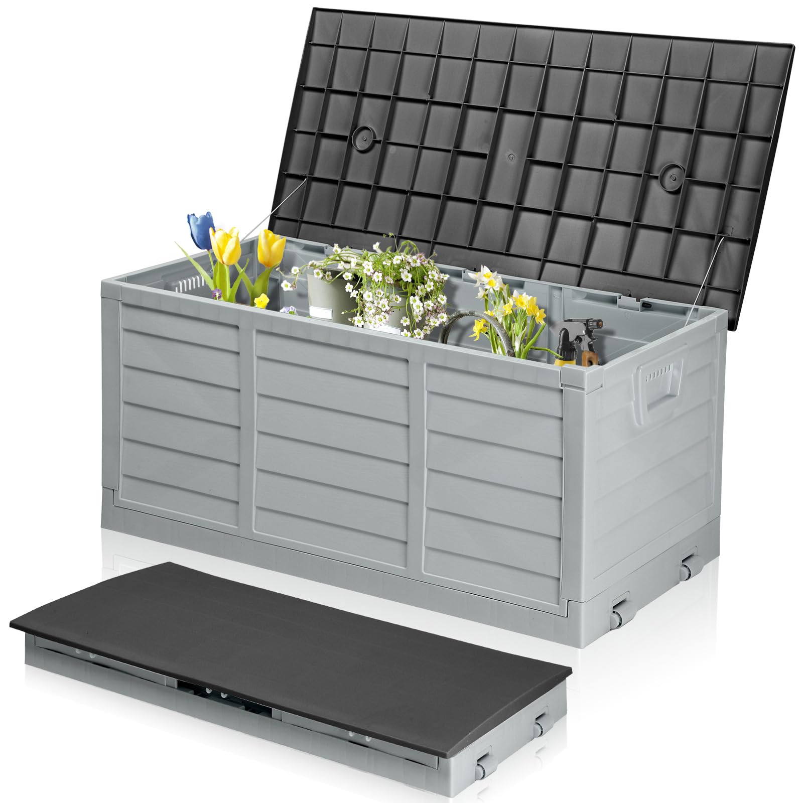 Outopee Foldable Garden Storage Box, 280L Outdoor Plastic Utility Chest Organiser with Strapped Lid, Weather Resistant, Portable, Ideal for Garden, Patio, Balcony, Decking, Grey&Black
