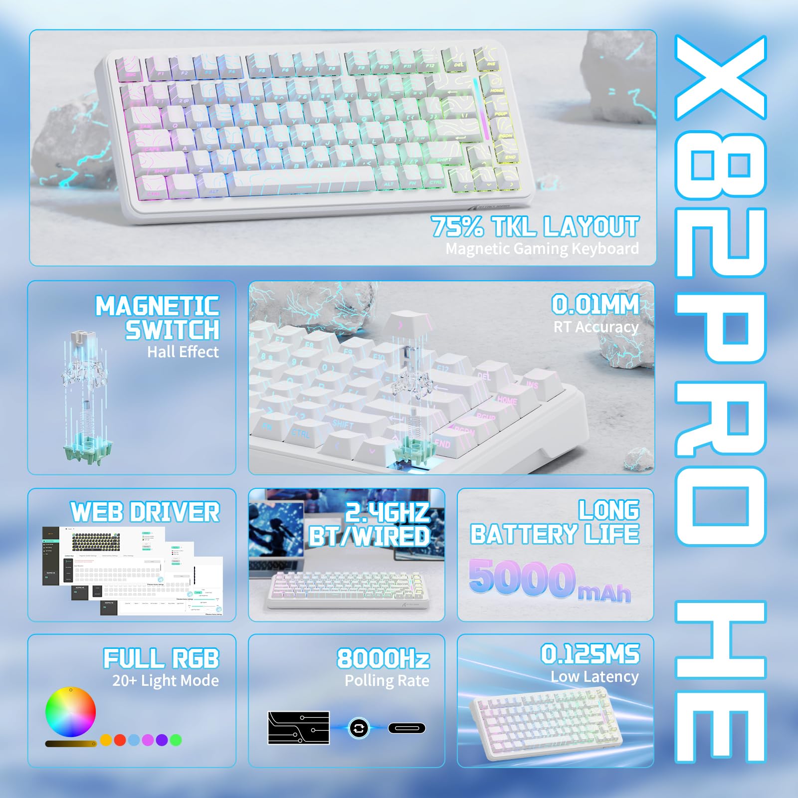 ATTACK SHARK X82PRO HE 75% Wireless Rapid Trigger Klawiatura do gier, Klawiatura z Hall Magnetic Switch z Regulowanym Wyzwalaniem RT 0,01mm, 8KHz, Hot-Swap, RGB, dla PC Gamers (Biały Kontur)