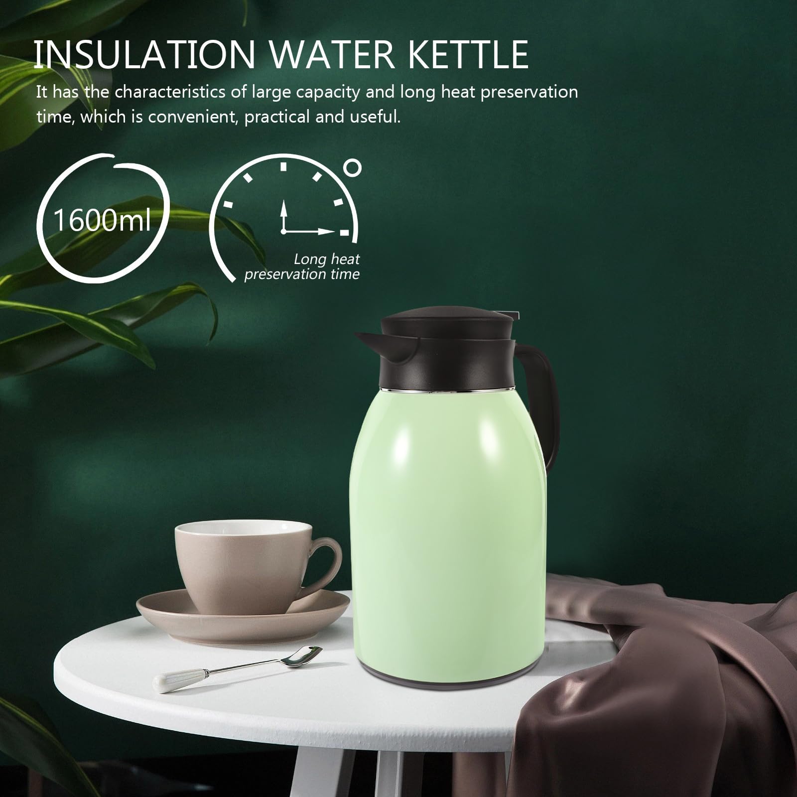 Borraccia Termica in Acciaio Inossidabile 1.6l con Manico Antiscottatura Bottiglia D'acqua a Doppia Parete per Casa e Ristorante Design Semplice e Capiente