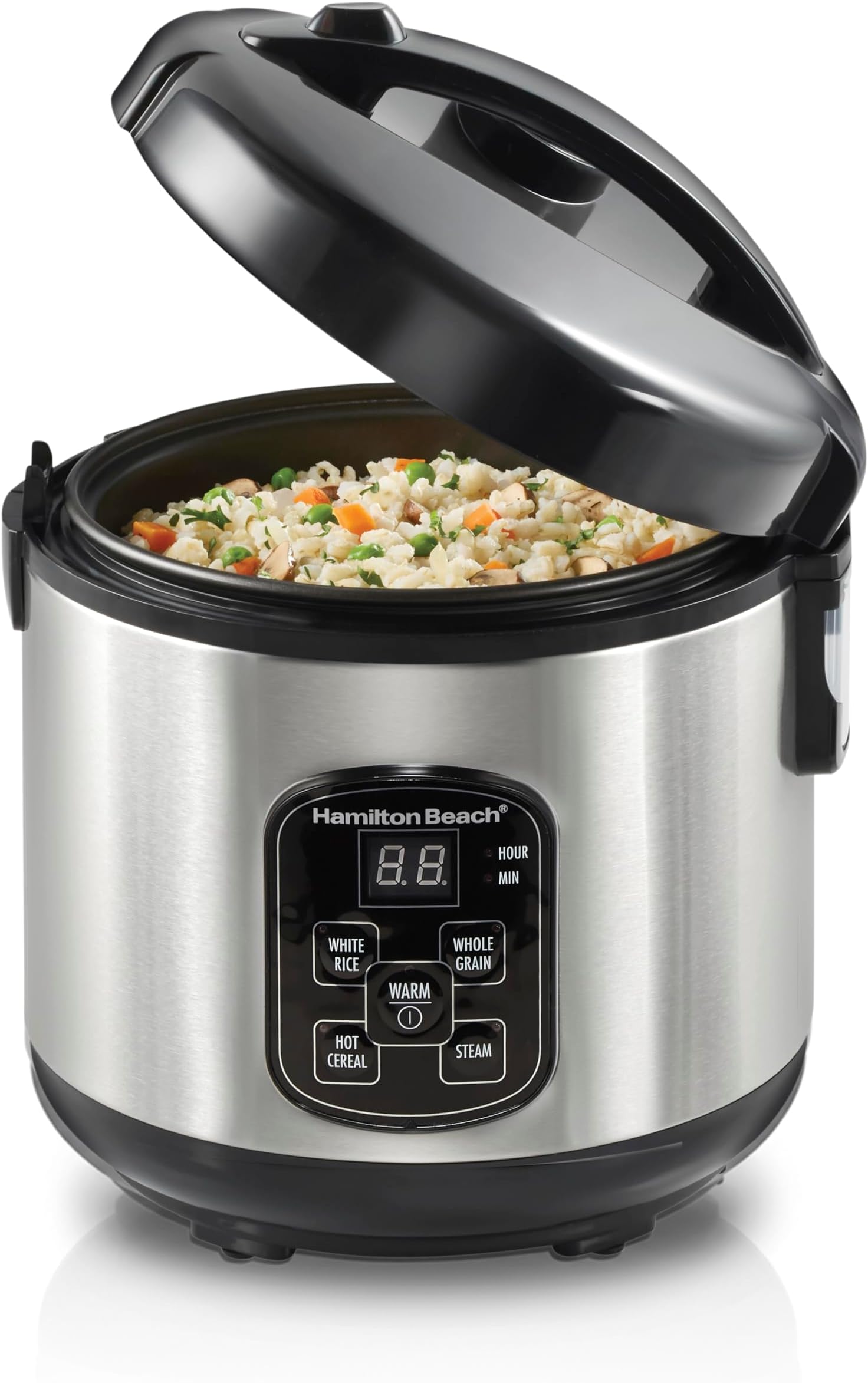 Hamilton Beach Digital Programmable Rice Cooker & Food Steamer, 8 Cups Cooked (4 Uncooked), With Steam & Rinse Basket, Stainless Steel (37518)