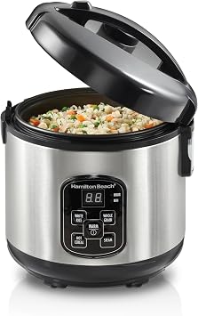 Hamilton Beach Digital Programmable Rice Cooker & Food Steamer, 8 Cups Cooked 4 Uncooked, With Steam & Rinse Basket, Stainless Steel 37518
