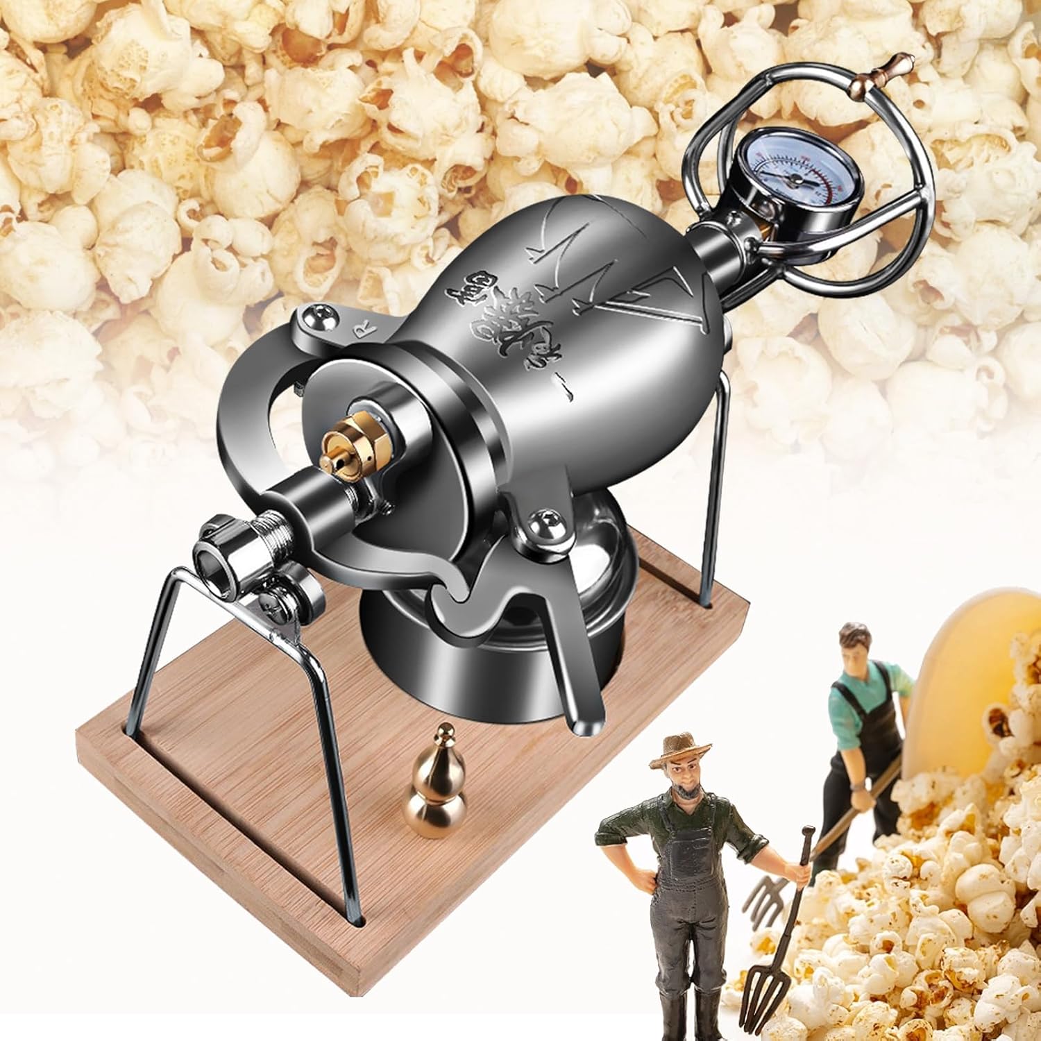 Chinese Popcorn Maker, 304 Stainless Steel Hand Popcorn Machine with Precision Pressure Gauge, Retro Nostalgia Mini Popcorn Machine Can Make Popcorn and Heat Food,328ML