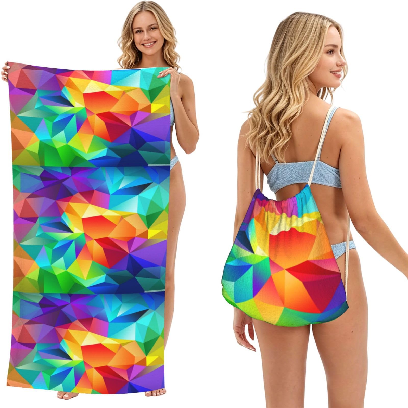 Poadnly As Picture Rainbow Geometric, 2 In 1 Packable Towel Bag, Beach Towels With Drawstring Backpack For Travel Holiday Camping