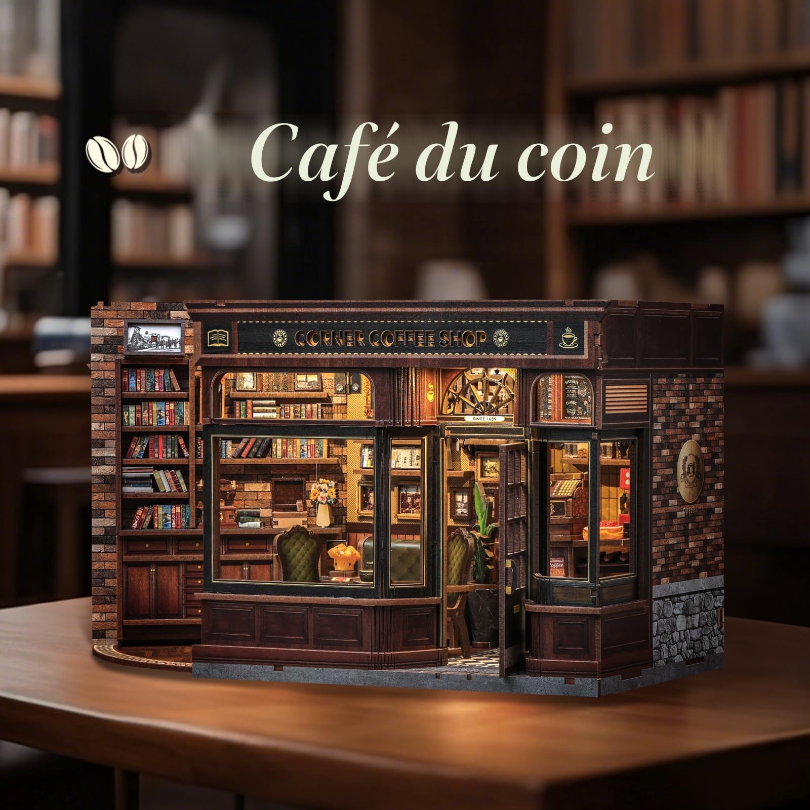 CUTEBEE Book Nook Kit – DIY Maison Miniature Rétro en Bois, Puzzle 3D à Construire pour Adultes avec Boîtier LED & Anti-poussière, Cadeau Spécial Famille/Amis (Corner Coffee Shop)