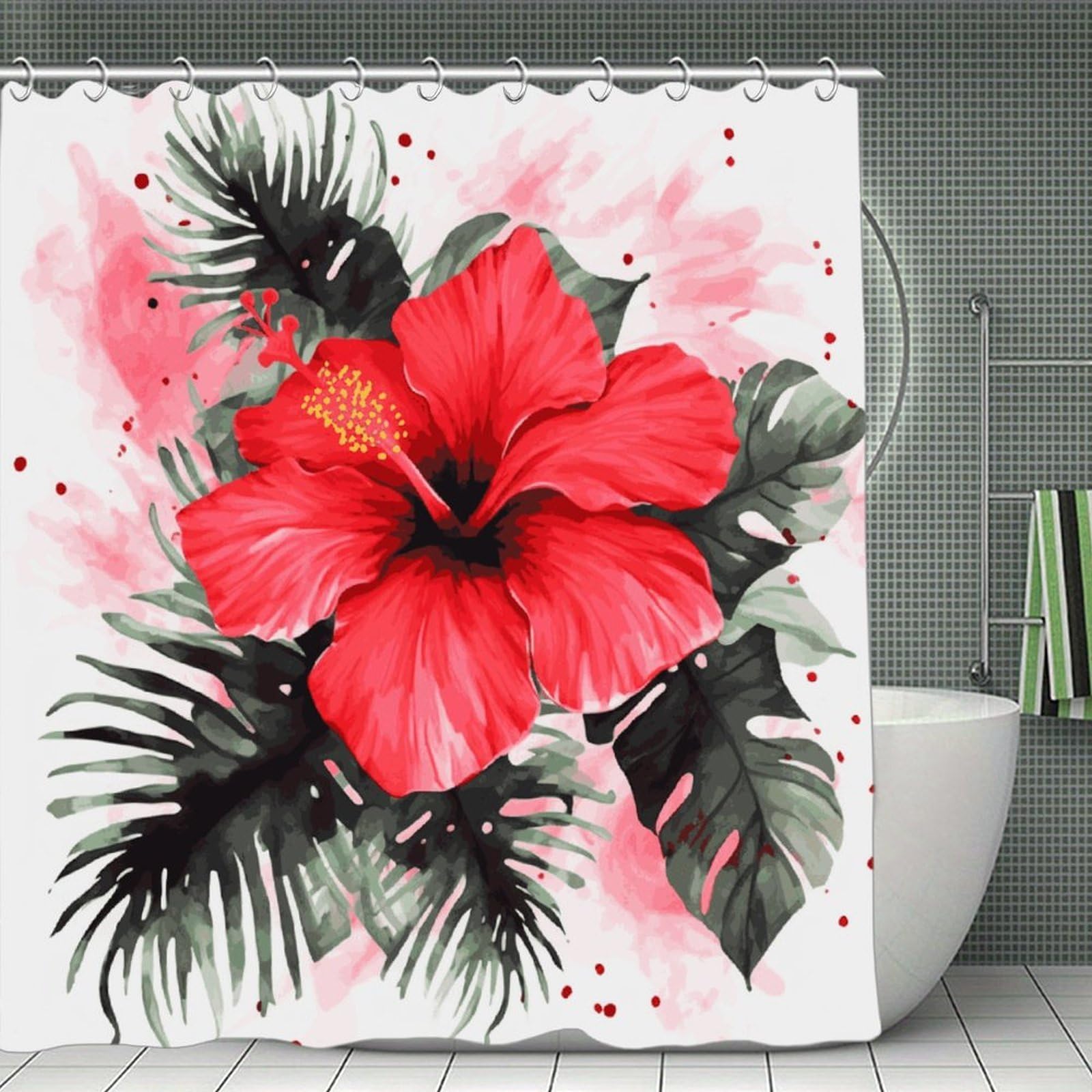 JTREHY Red Hibiscus Shower Curtain Waterproof Bathroom Shower Curtain Machine Washable Bath Curtains Polyester Cloth Bath Curtains for Bathroom Showers 70.8×70.8Inch