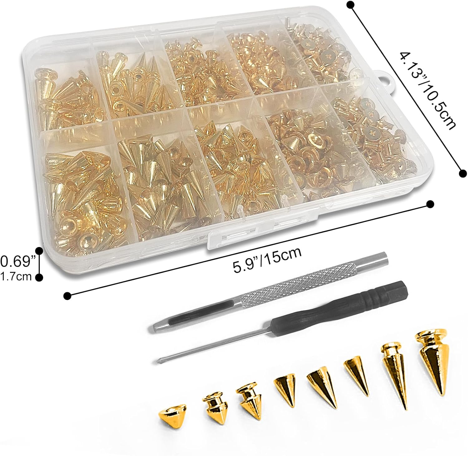 Rckcu 354 Pcs Punk Spikes and Studs Kit, 8 Sizes Metal Cone Spike Studs Rivets for Clothing, Leather Jackets, Belts, Shoes, Bags, DIY Punk Crafts (Gold) - Image 3