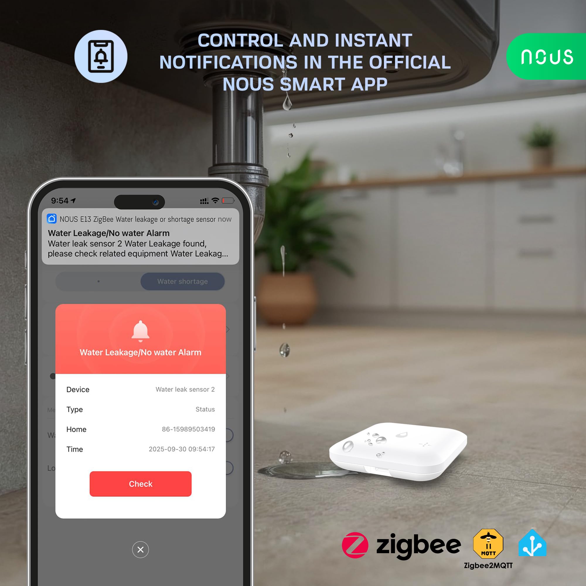 Nous E13 ZigBee Sensor de Agua para Fuga o Falta de Agua, Alarme de 80 dB, Notificación por App, IP66, Funciona con Batería (2×AAA), Compatible con Alexa, Google Home, Se Requiere Hub ZigBee