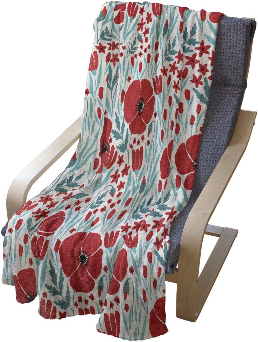 Lunarable Meadow Throw Blanket, Warm Toned Poppy Blossoms Rural Revival Spring Flowers Leaves Motif, Flannel Fleece Accent Piece Soft Couch Cover for Adults, 70" x 90", Vermilion Turquoise