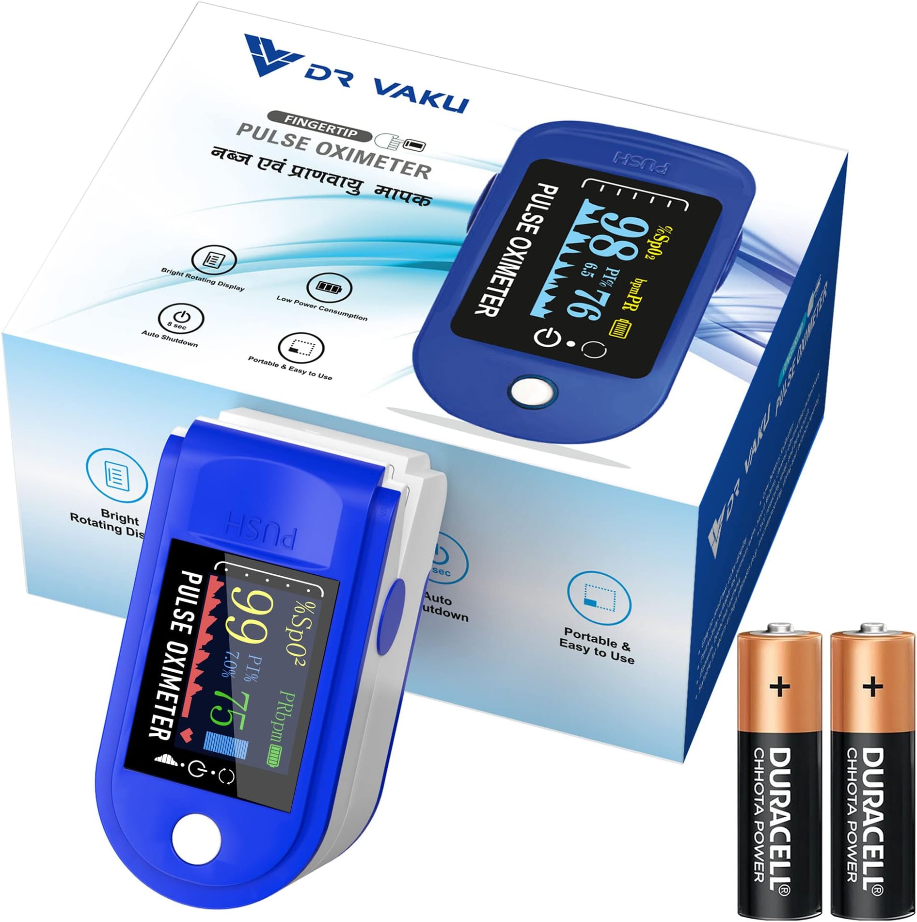 DR VAKU® Swadesi Pulse Oximeter Fingertip, Blood Oxygen Saturation Monitor Fingertip, Blood Oxygen Meter Finger Oximeter Finger with Pulse, with Four Color TFT Screen [Battery Included] - Blue