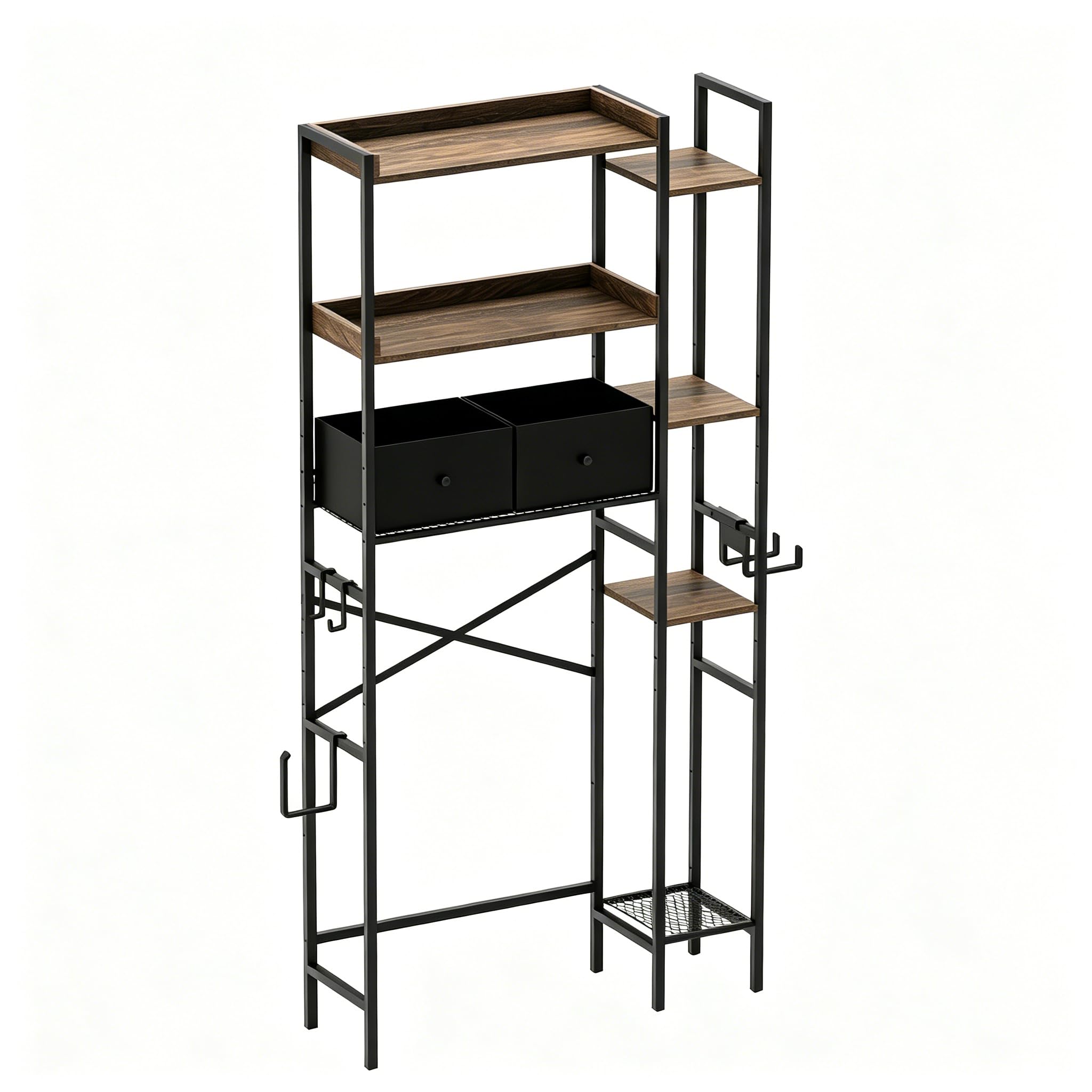 SOCOMFAY 7-Stöckiges Multifunktionaler Badezimmer Regal Metall ohne Bohren, WC Toilettenregal Stand Schmal mit 4 Haken 2 Körben, Handtuchhalter für Bad Waschküche, 80x24x163 cm, Braun