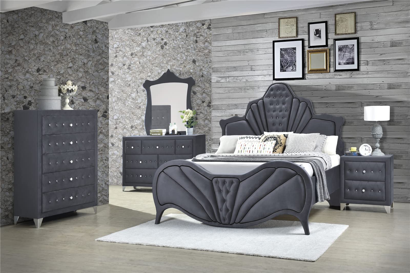 grey tufted dresser Modern Button Nightstand Chest Wooden Mirror Frame Queen Eastern King Bed Frame for Bedroom Living Room Bathroom (Grey Chest) (Grey Mirror) Makeup Vanity Set With Cabinet