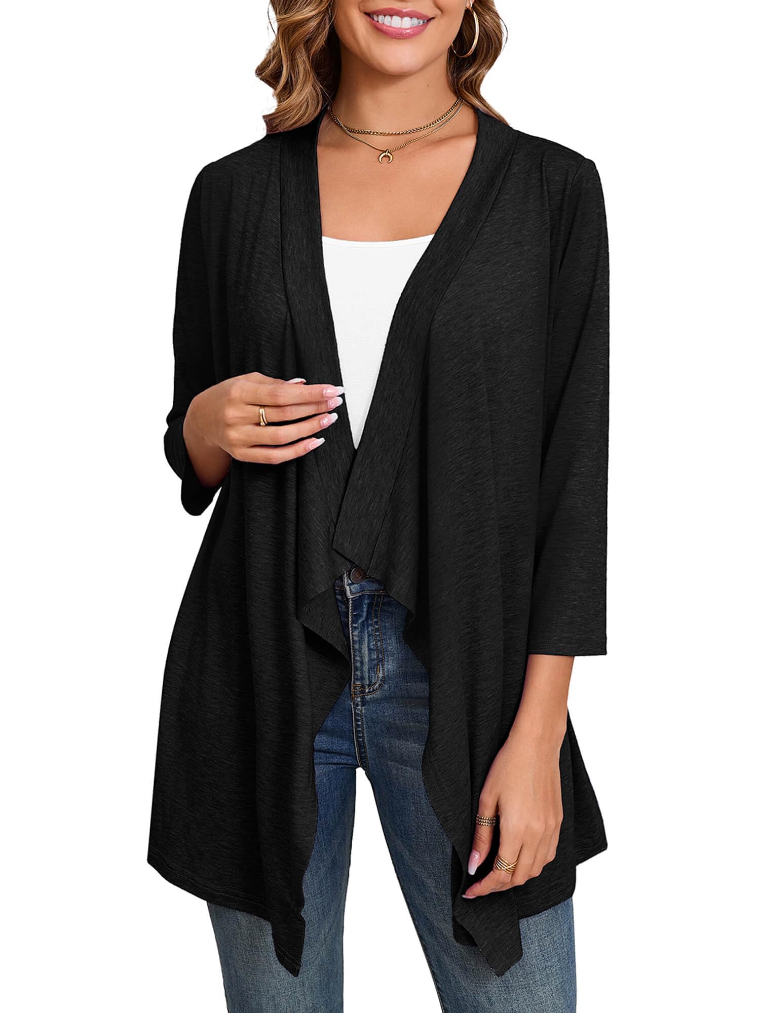 DEARCASE Women's Open Front Cardigans 3/4 Sleeve Draped Striped Sweater Jackets Draped Kimono Loose Cardigan