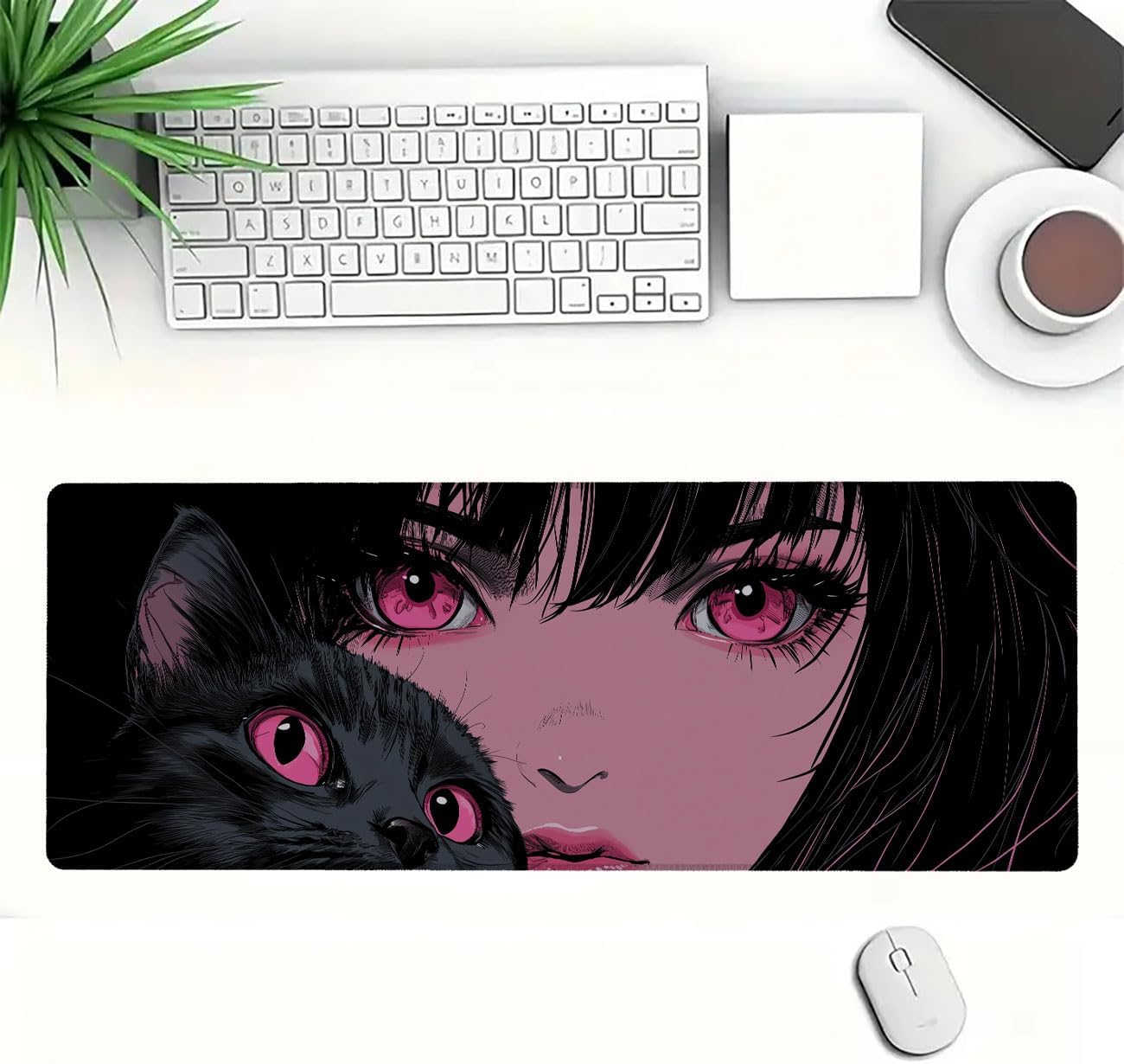 Anime Girl Gaming Large Mouse Pad, Manga Pink Eyes Cute Cat Large Gaming Mouse Mat with Stitched Edges,Non-Slip Waterproof Rubber Base Mous Mat, Office Computer Keyboard Laptop Home, 31.5”x11.8” - Image 2