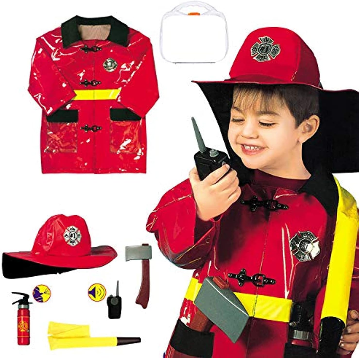 Yalla Baby Kids 7pcs Fireman Gear Firefighter Costume for Kids Role Play Dress Up Toy Set with Helmet and Accessories Red (Deluxe)(3-8 Years, 80-110cm)(0951)