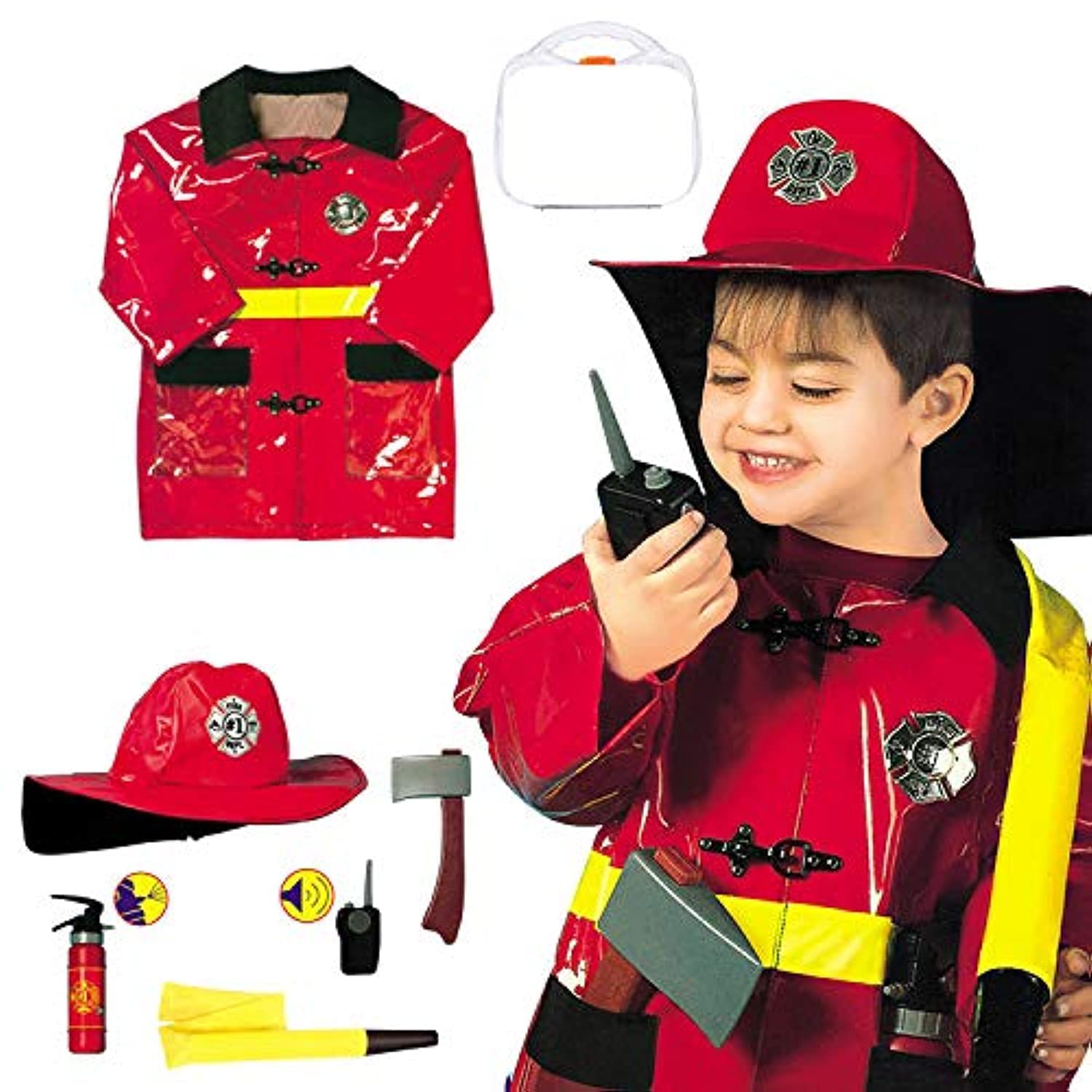 Yalla Baby Kids 7pcs Fireman Gear Firefighter Costume for Kids Role Play Dress Up Toy Set with Helmet and Accessories Red (Deluxe)(3-8 Years, 80-110cm)(0951)