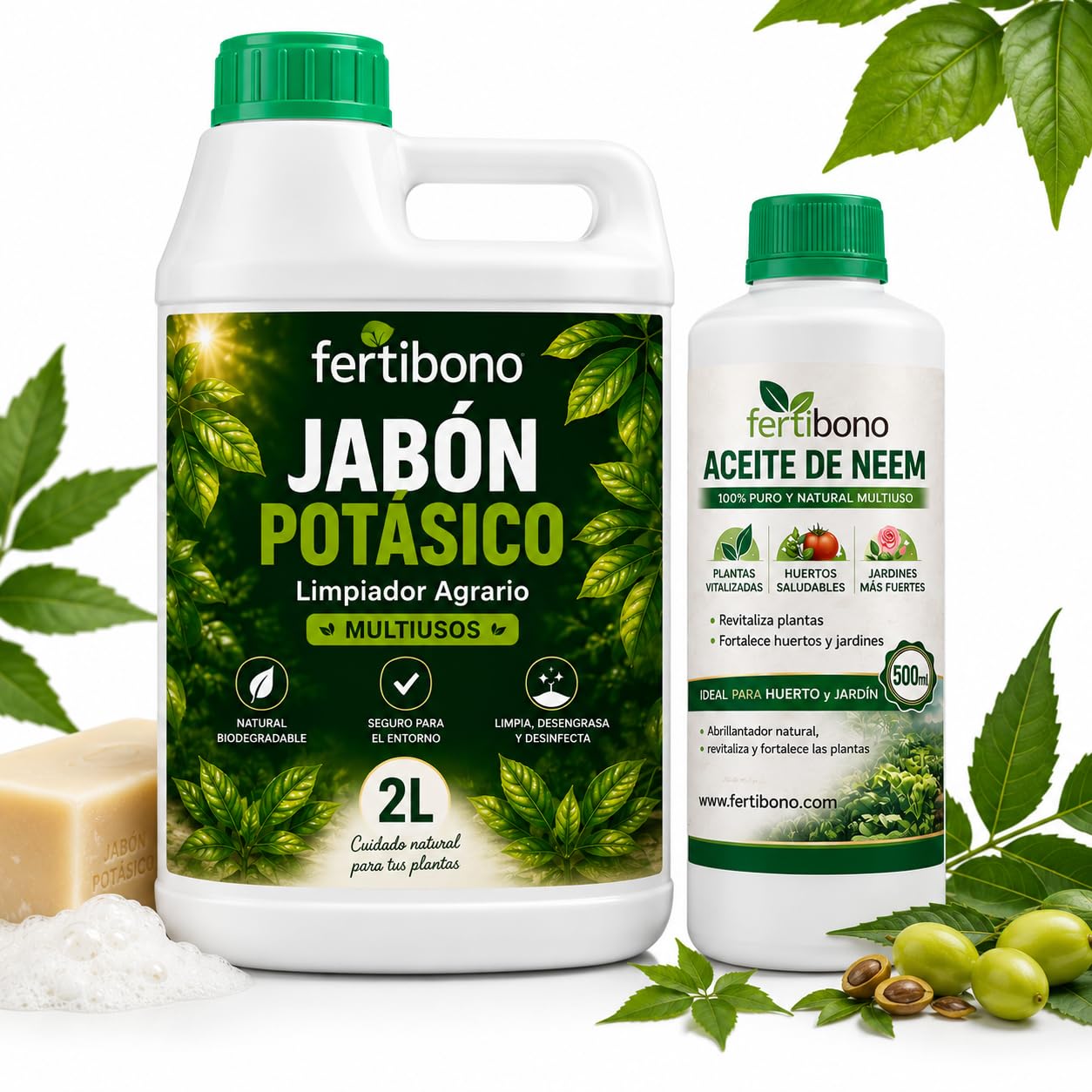 FERTIBONO FLORANIM Multiuso - Jabón Potásico 2L + Aceite de Neem 500 ml para Plantas, Huerto y Jardín - Pack Concentrado para Diluir en Agua y Pulverizar