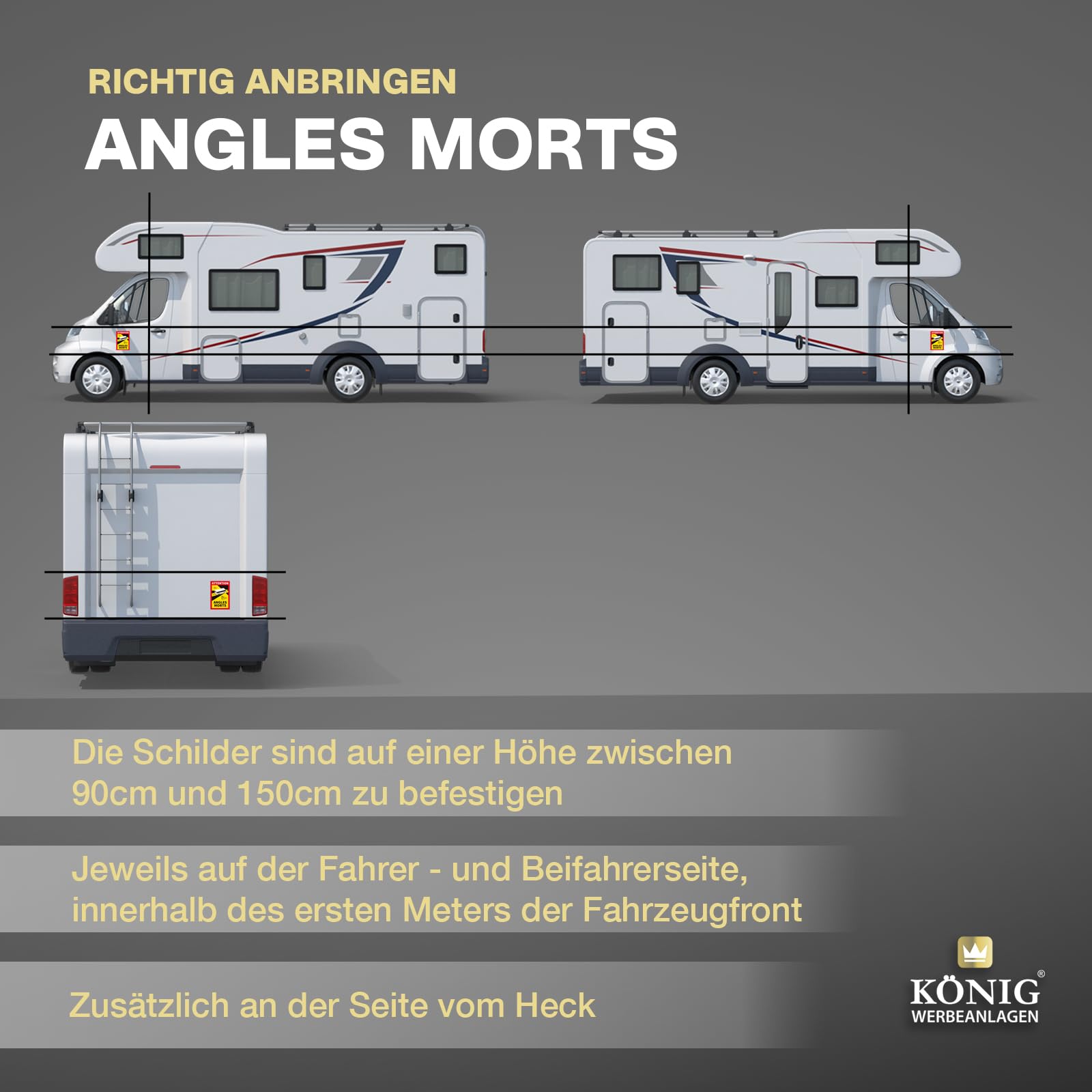 Zestaw 3 naklejek "Angles Morts" do samochodów kempingowych | oznaczenie martwego kąta | 25 × 17 cm | zgodnie z francuskim kodeksem drogowym | odporne na promieniowanie UV i warunki atmosferyczne |