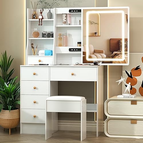 Miniatura 8 de Escritorio pequeño de tocador con espejo y luces, tocador de maquillaje con 6 cajones, 6 estantes y espejo LED deslizante, 3 modos de luz ajustable,