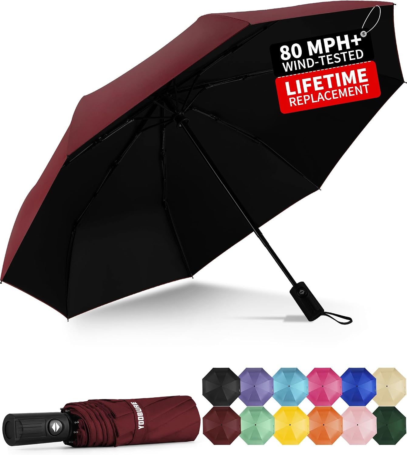 Yoobure Windproof Automatic Travel Umbrella, Compact Folding UV Sun & Rain