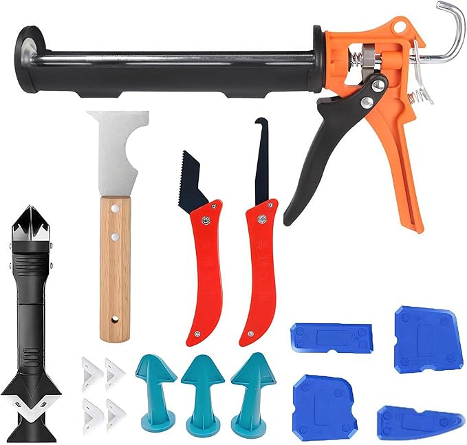 Cartridge Press Set with Silicone Remover & Joint Smoother - 310 ml Silicone Gun Cartridge Gun Includes Tool for Removing and Smoothing Grout for Kitchen, Bathroom, Tiles