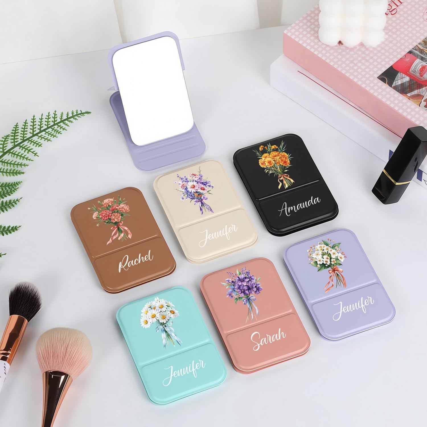Personalized Bridesmaid Pocket Mirror, Custom Name Floral Foldable Leather Compact Makeup Mirror for Purse, Elegant Wedding Party Favors, Bachelorette Proposal Gift