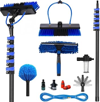 4.8m/16ft Carbon Fibre Telescopic Water Fed Window Cleaning Pole   with Brush, Squeegee & Cobweb Brush 20m Hose & Soap Dispenser for Windows,Solar Panels,Conservatory, Gutter, Roofs & Cars