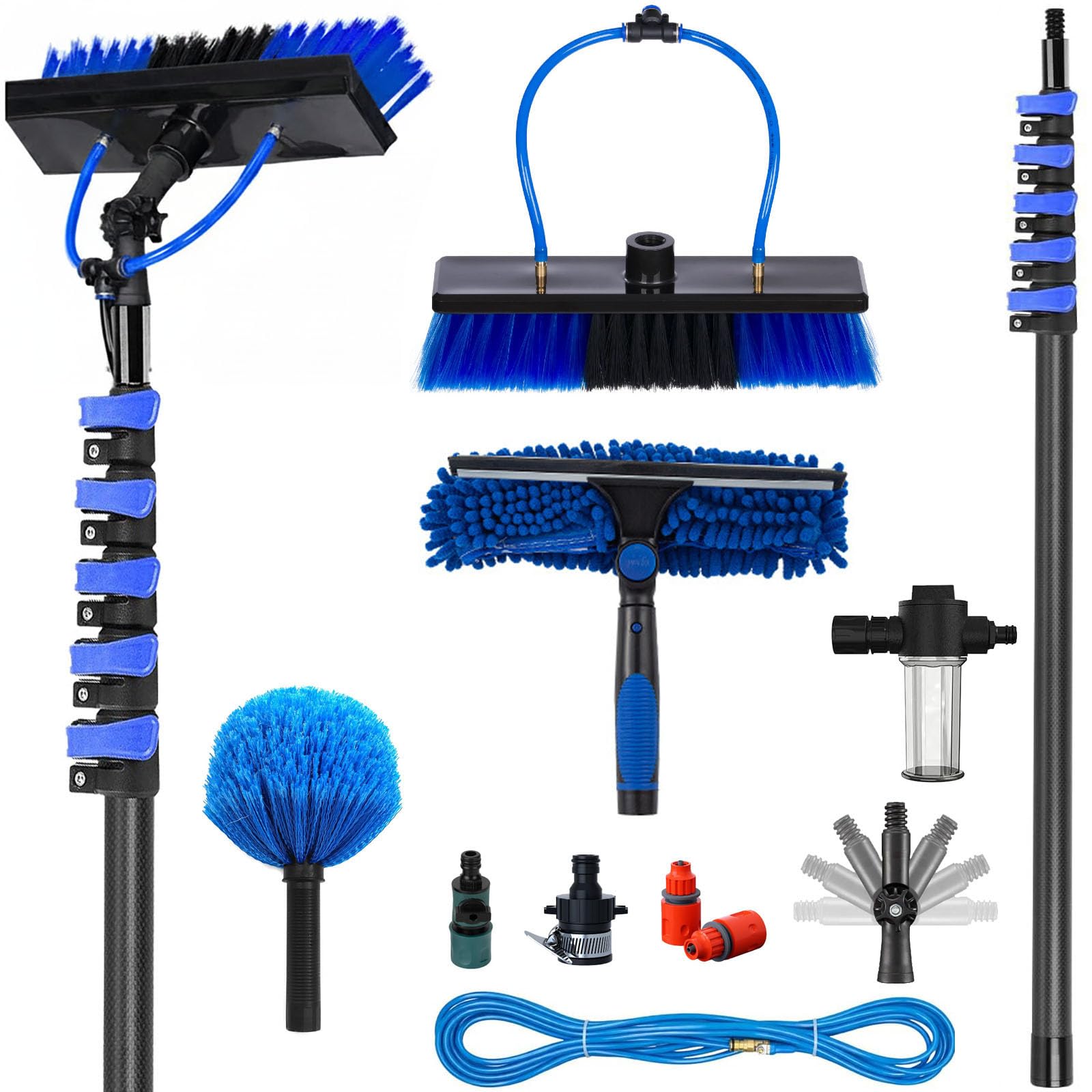 YFSMBD 7.2m/24ft Carbon Fibre Telescopic Water Fed Window Cleaning Pole – with Brush, Squeegee & Cobweb Brush 20m Hose & Soap Dispenser for Windows,Solar Panels,Conservatory, Gutter, Roofs & Cars