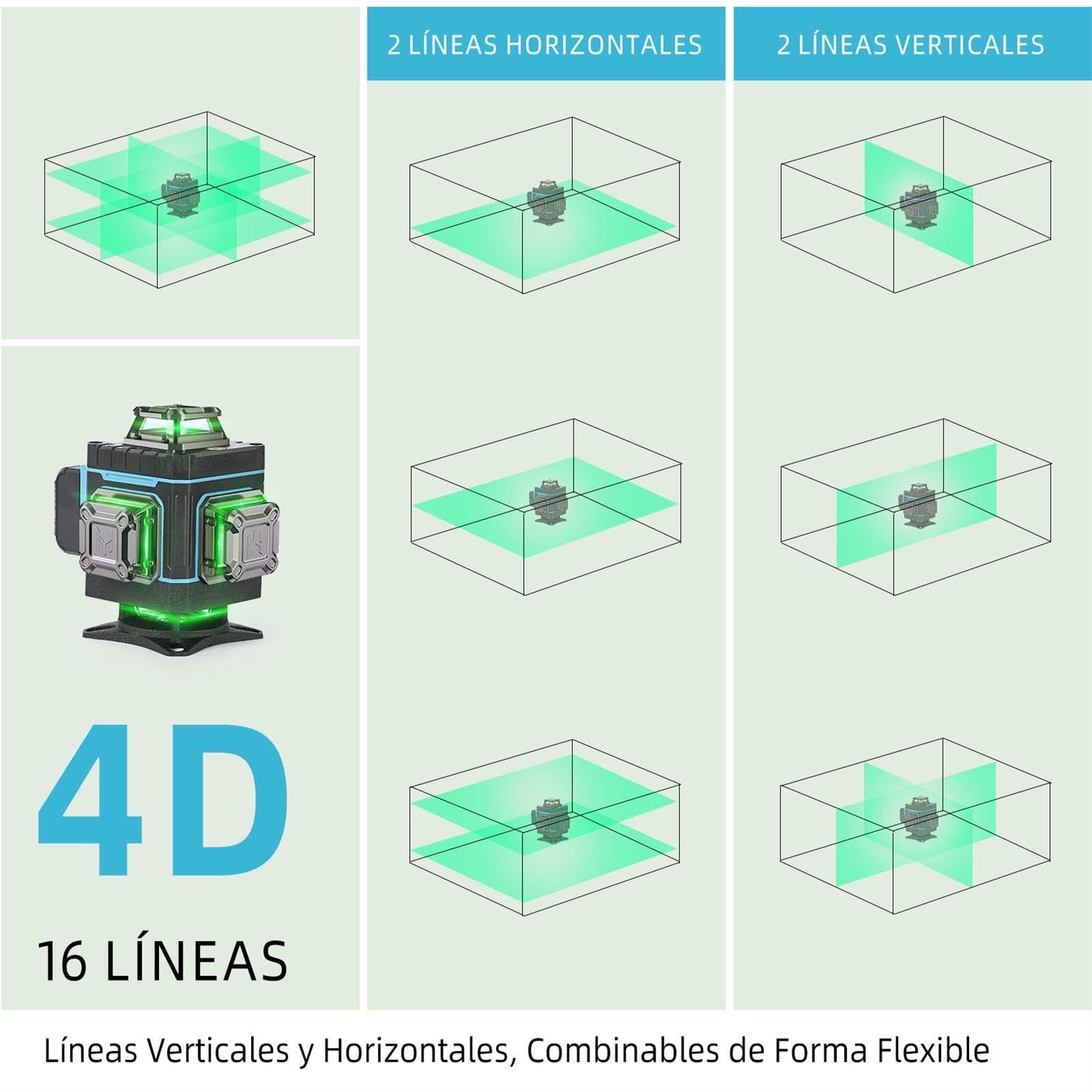 Nivel Laser Autonivelante 4 x 360° - ansigtny 4D 16 líneas Verde Nivel Láser Multifuncional Profesional Laser Level con 1.5 M Trípode & 6000 mAh Batería Recargable